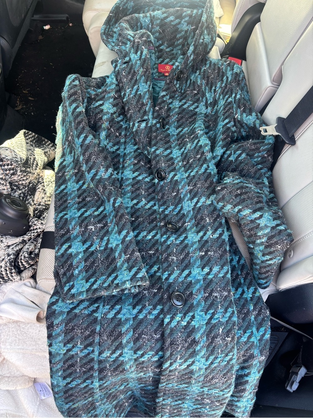 Cole Haan Teal and Black Houndstooth Wool Blend Trench Coat